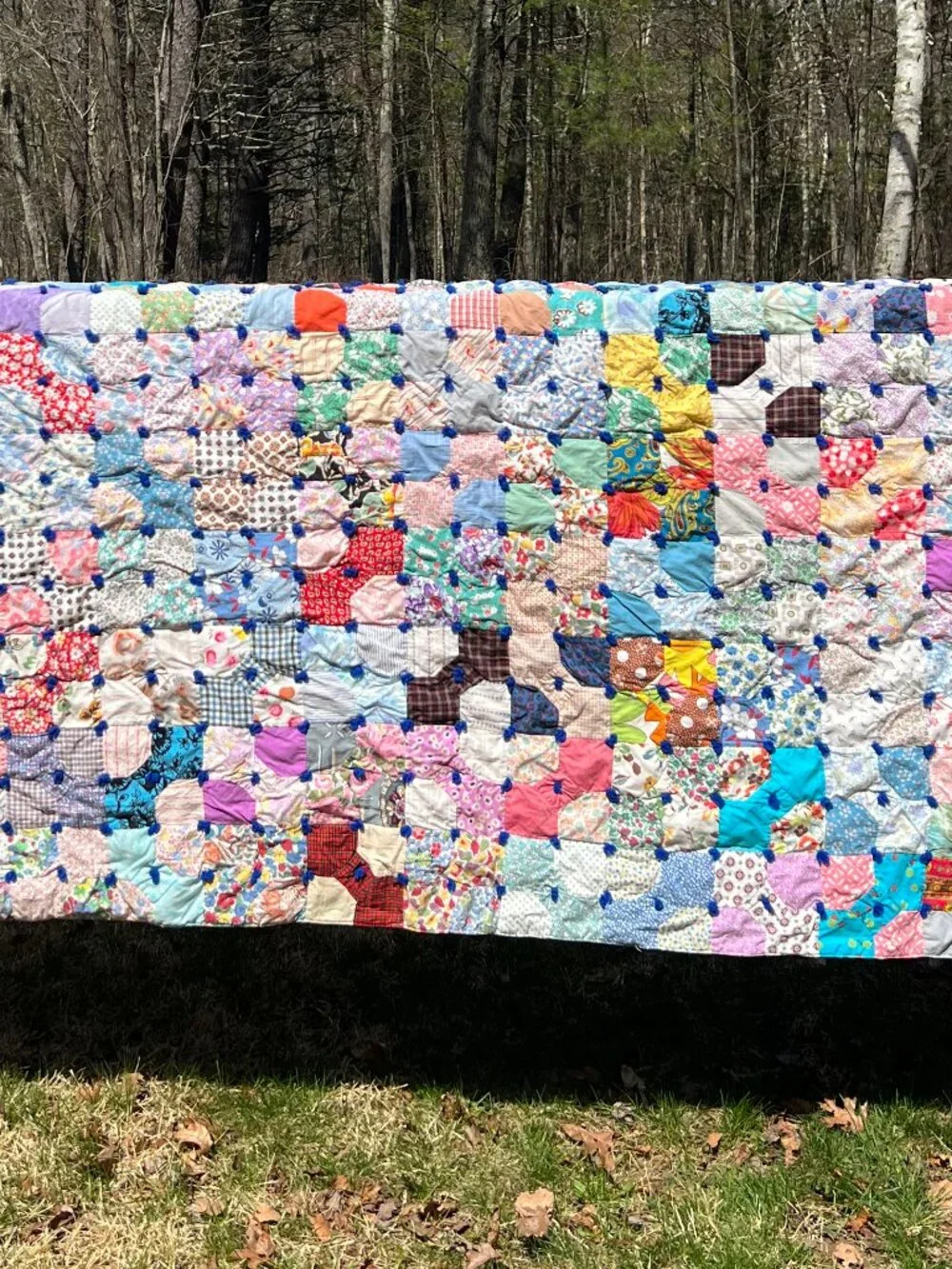 Vintage Hand Tied Bow Tie Patchwork Quilt Cottage Core Bedding Throw 84